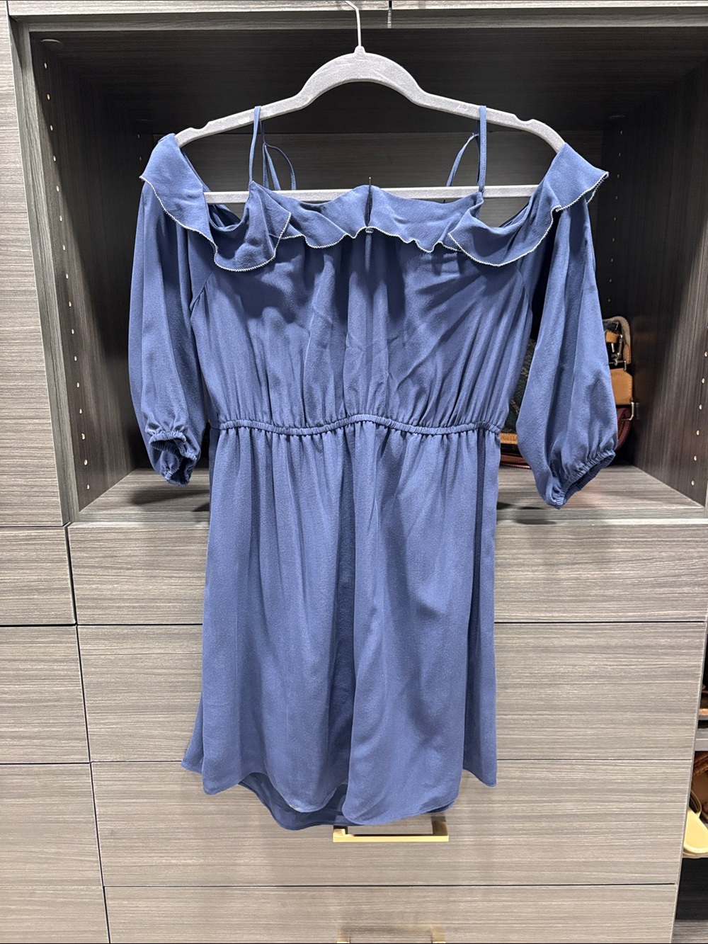 Cold-Shoulder Ruffle Mini Dress in Dusty Blue Silk